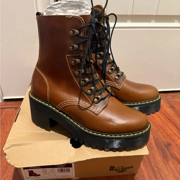 Brand New Dr. Martens Leona Orleans Butterscotch Leather Heeled Boots - Picture 2 of 9